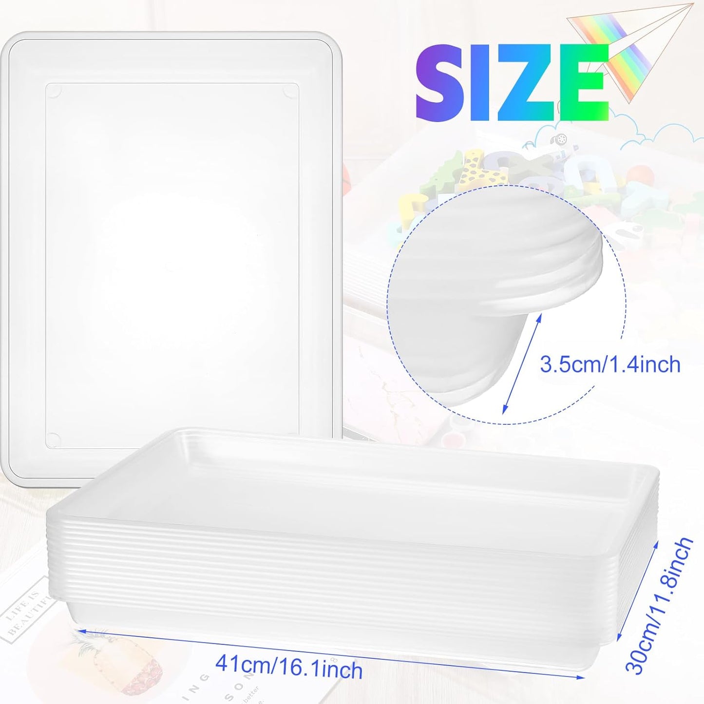 Maitys 15 Pcs Flat Plastic Trays 16.1 x 11.8'' Sensory Storage Tray Paper Stackable Classroom Bins for Office Home Organizer Arts and Crafts Supplies(Clear)