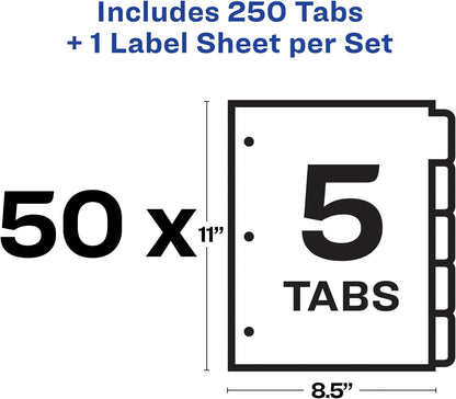 Avery 5 Tab Dividers for 3 Ring Binder, Easy Print & Apply Clear Label Strip, Index Maker Customizable White Tabs, 4-Pack of 50 Sets, 200 Sets Total (11556)