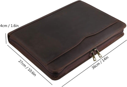 Professional Leather Business Padfolio Portfolio Case, 3 Ring Binder,Zippered Business Document Organizer Tablet Holder Folder Case,with Letter Size Notepad (Dark Brown Upgraded version)