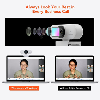 NUROUM V15AF 2K Webcam for PC, 1080p 60FPS AutoFocus Web Camera with Microphone, Privacy Cover and Mute, 75°FOV Dual Microphone USB FHD Computer Camera, Plug and Play for Zoom/Skype/Teams, White