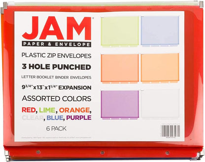 JAM PAPER Plastic 3 Hole Punch Binder Envelopes with Zip Closure - Letter Booklet - 9 3/4 x 13 - Assorted Colors - 6/Pack