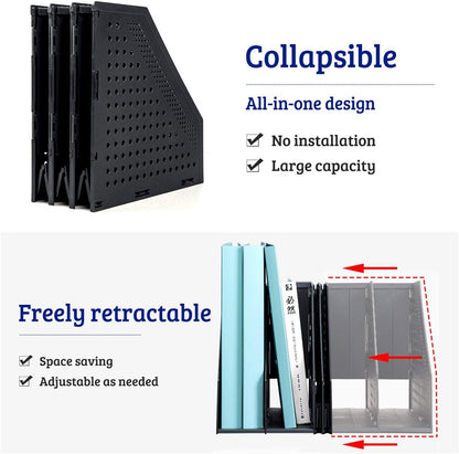 SAYEEC Collapsible Magazine Holder Plastic Desktop 4 Compartment File Rack Magazine Organizer Vertical File Divider Sorter Storage Document Organizer for Office Home School Black