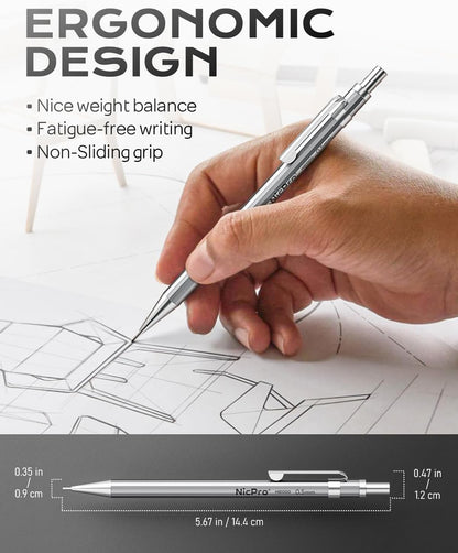 Nicpro 4 Pack Mechanical Pencil 0.5 mm with Case, MB1000 Metal Mechanical Pencil Set with 8 Tube HB #2 Lead Refill 0.5mm, 3PCS 4B Eraser, 9 Cap Eraser for Artist Drafting Writing, Sketching, Drawing