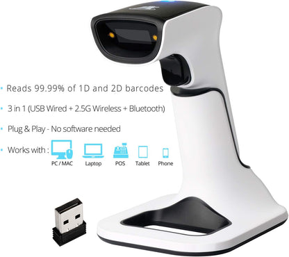 ScanAvenger Wireless Portable 1D&2D with Stand Bluetooth Barcode Scanner: 3-in-1 Handheld Scanner, Rechargeable Battery for Inventory - USB Bar Code/QR Reader (1D&2D with Next Gen Stand)