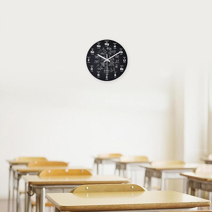 XNM Black Chemical Clock for Classroom Glass Analog Small Science Wall Clocks Battery Operated 12 Inch Round Silent Wall Clock Modern