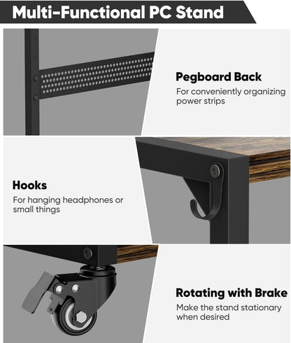 Computer Tower Stand, 2-Tier Metal CPU Holder Stand with Lockable Wheels, Adjustable Under Desk PC Shelf, Mobile Rolling Computer Cart for Home, Office, Gamers and Students, Black