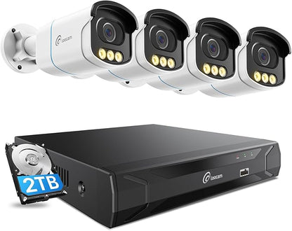 Loocam PoE Security Camera System Color Night Vision, 4pcs 5MP CCTV Wired PoE IP Cameras, AI Human Vehicle Detect, Spotlight Siren Alarm, 2 Way Video, 8 Channel NVR & 2TB HDD for 24/7 Record