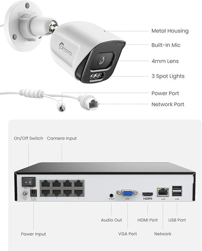 4Pcs 5MP PoE Security Camera System with 4K 8CH NVR, 2TB HDD, AI Human/Vehicle/Pet/Parcel Detection, 100ft Night Vision, H.265+, IP67 Metal Cameras, 24/7 Recording & Remote Access- White