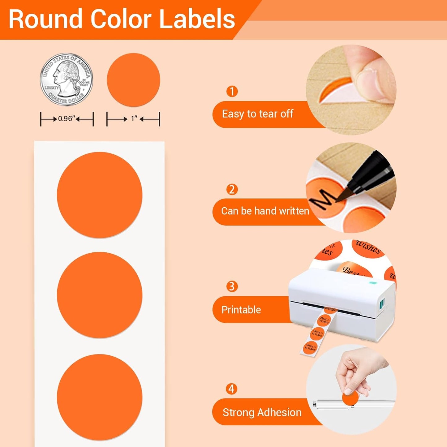 1 Inch Circle Dot Stickers 1000 PCS Color Coding Thermal Labels Dots Writable Printable Small Round Stickers for Office, Classroom, Inventory, Garage, Organizing Storage, DIY, Orange