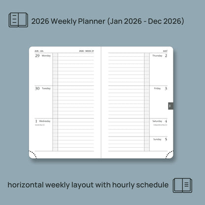 POPRUN Weekly Planner 2026 Calendar (Pocket 4'' x 6.25'') 12 Months Notebook with Horizontal Layout, Leather Hardcover, Inner Pocket, 100GSM Thick Paper, Pen Holder- Midnight Green