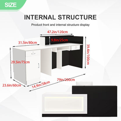 Modern Reception Desk with Counter and Drawer Office Front Desk with Cabinet Wooden Commercial Reception Table Checkout Counter for Retail Salon Lobby Black and White Right 79inch/200cm