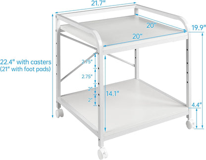 20 Inches Deep Large Printer Stand, 2 Tier Under Desk Printer Table with Height Adjustable Shelf, Rolling Printer Cart with Wheels for Home Office Storage - White