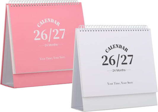 Desk Calendar 2026-2027, 2 Years Calendar Runs from Jan. 2026 until Dec 2027, Table Monthly Planner with Stickers for Home,Office,School Organization(L-Pink+White,9.8" x 9.6")