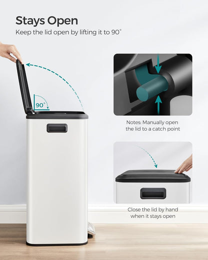 SONGMICS Kitchen Trash Can, 10.5-Gallon (40L) Garbage Can with Lid and Wide Foot Pedal, Soft Close and Stays Open, White ULTB541W40