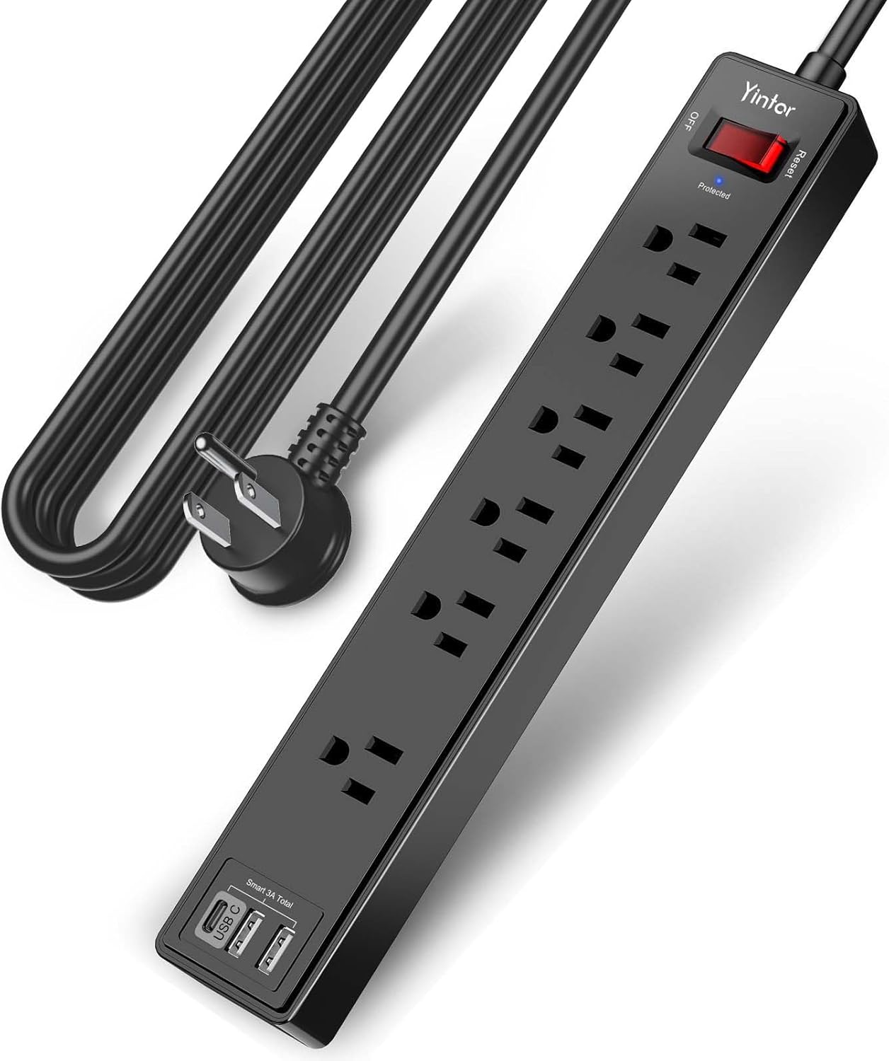 Surge Protector Power Strip (1680J) - Yintar 10Ft Extension Cord with 6 AC Outlets and 3 USB Ports(1USB C) for Home, Office, Dorm Essentials, ETL Listed, Black