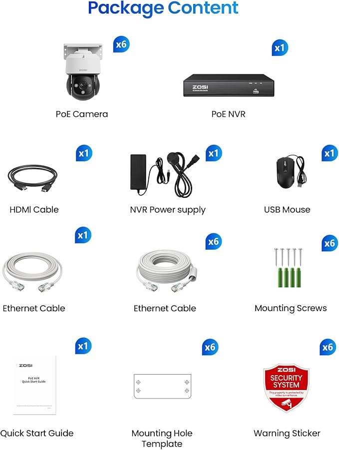 ZOSI C290 4K 8CH POE Security Camera System (Up to16CH), 6 x 8MP Wired PoE IP Dome Cameras Outdoor Indoor, 360 View, AI Human/Vehicle/Face Detection, Two-Way Talk, Siren Alarm, Auto Tracking, 2TB HDD