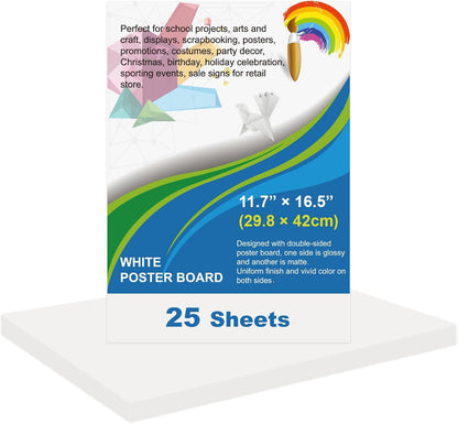 25 Pcs White Poster Board Paper 11.7 x 16.5, ROOKEA White Vision Boards Bulk Smart Posterboard Blank Graphic Display Card Paper for Drawing Artwork School Arts Crafts Classroom Projects Scrapbooking