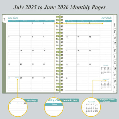 2025-2026 Planner - Academic Planner 2025-2026 from July 2025 - June 2026, Weekly & Monthly Planners Spiral Bound with 12 Monthly Tabs, Inner Pocket, 6.4" x 8.5", Green