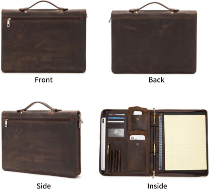 Personalized Genuine Leather Portfolio with Hidden Handle, Zippered Front Pocket, 8.5 x 11 Notebook Holder, Custom Engraved Business Legal Padfolio Travel Folio for Men Women, Dark Khaki