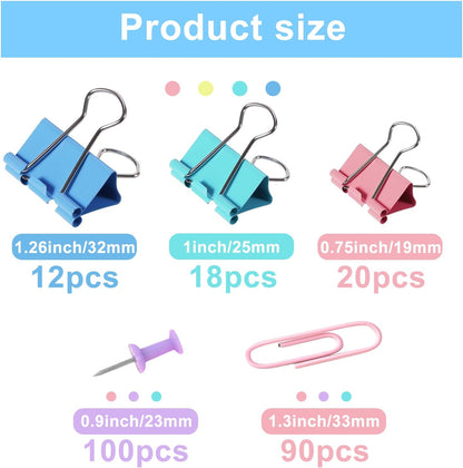 Paper Clips and Binder Clips Assorted Sizes, 240 PCS Colored Office Clips Set Large Medium Small Paper Clamps Paperclips Push Pin Thumb Tacks, College Supplies Home Office Supplies Document Organizing