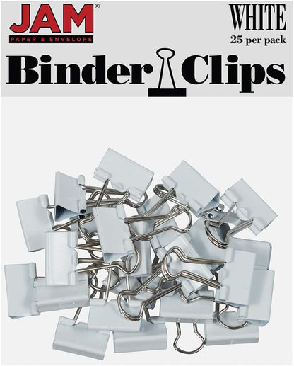 JAM PAPER Colorful Binder Clips - Small - 3/4 Inch (19 mm) - White Binderclips - 25/Pack
