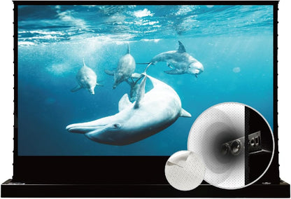 VIVIDSTORM-Projector Screen with Stand S 110 Inch Sound Transparent Perforated Floor Rising White Fabric 4k HD Ready Home/Movie Theatre Work with Normal Throw Projector, VSDSTPW110H