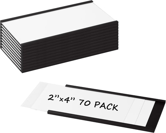 Realth Magnetic Label Holders 2'' x 4'' 70 Pack with Paper Inserts and Clear Plastic Protectors, Magnetic Label Strips Magnetic Data Card Holders File Cabinet Labels for Metal Racks and Shelves