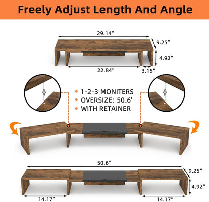 WESTREE Triple Dual Monitor Stand Riser, Extra Long Monitor Stand for 1~2~3 Monitors, Monitor Stand with Length and Angle Adjustable, 3 Shelf Desktop Storage Riser for Monitor Computer Screen Laptop