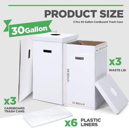 3 Pcs Cardboard Trash Cans with Lid Disposable and Reusable Corrugated Cardboard Trash Cans Recycling Bins Bulk with 6 Garbage Bags White Rubbish Boxes for Parties Events(30 Gallon)