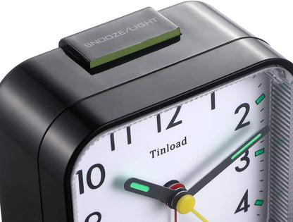 Small Battery Operated Analog Travel Alarm Clock Silent Non Ticking, Gentle Wake, Ascending Beep Sounds, Snooze,Lighted on Demand, Easy Set(Black)