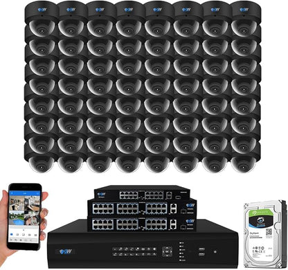 GW Security 64 Channel 12MP NVR UltraHD 4K Human & Cars Detection PoE Security Camera System with 64 x 8MP Waterproof Microphone 130° Wide Angle Outdoor Indoor Dome Cameras (Black)