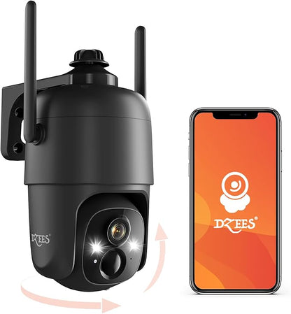 Dzees 360° PTZ WiFi Security Cameras Wireless Outdoor, 2K Battery Powered Home Security Camera Indoor, Spotlight & Siren, Color Night Vision, 2-Way Talk, AI Motion Detection, IP66, Cloud Stroage