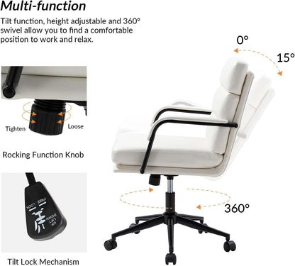 HULALA HOME Modern Faux Leather Home Office Chair with Tilt Lock & Metal Base, Desk Chair with Wheels & Padded Cushion, 360° Swivel Wide Seat Computer Task Chair, White