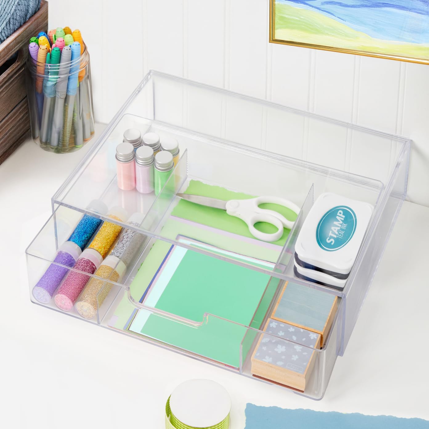 STORi STAX Plastic Stackable Organizer Divided Drawer in Clear | 12.5-inches Wide | 3-Compartments to Organize Office Desk Accessories, Pens, and Notepads| Made in USA