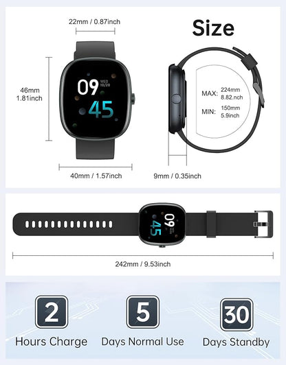 HUAKUA Smart Watches for Women Men (Answer/Make Calls), 1,85" HD Smart Watch for iPhone/Android Phones, Fitness Tracker with 100+ Sport Heart Rate/Sleep Monitor Pedometer Waterproof (Black)
