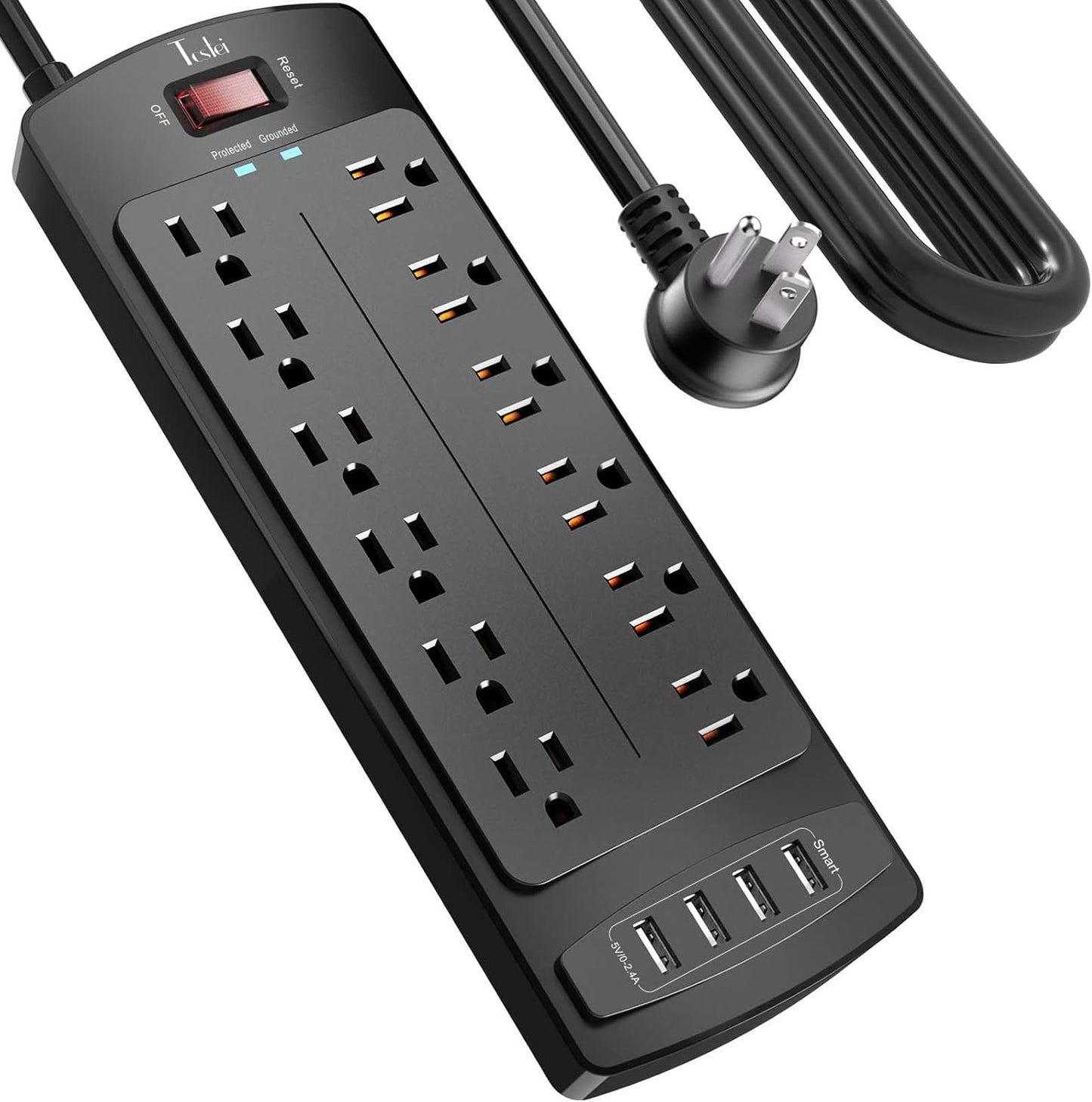 Power Strip, Tcstei Surge Protector with 12 Outlets and 4 USB Ports, 10 Feet Extension Cord (1875W/15A) for Home, Office, Dorm Essentials, 2700 Joules, ETL Listed, Black