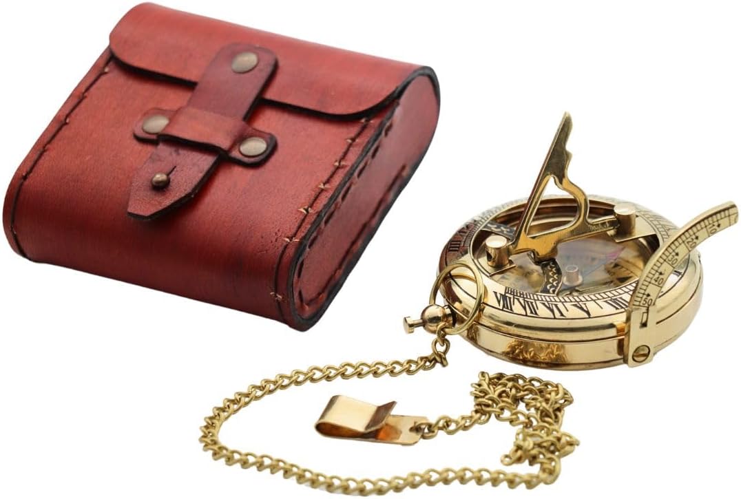 Vintage Brass Sundial Compass with Leather Case - Antique Brass & Copper Sun Clock for Camping, Hiking, Touring - Engraved Gift for Him - Nautical Ship Replica Watch - Sundial Clock in Box