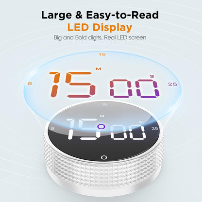 Upgrade Digital Kitchen Timer - Magnetic Countdown Countup Visual Pomodoro Timer with Large LED Display, 3-Preset Times (5, 15, 25), 3 Volume Levels, Ideal for Cooking, Baking and Fitness (1, White)