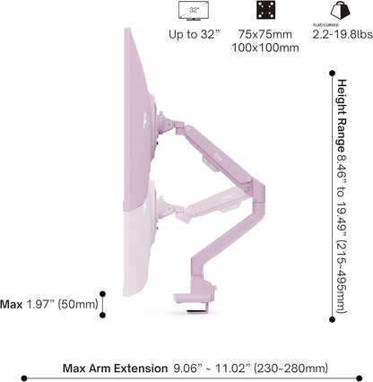 Pixio PS1S Wave Pink Single Monitor Arm Stand Desk Mount - Fits up to 32 inches Monitors and up to 19.8lbs. VESA Compatibility and Integrated Cable Management