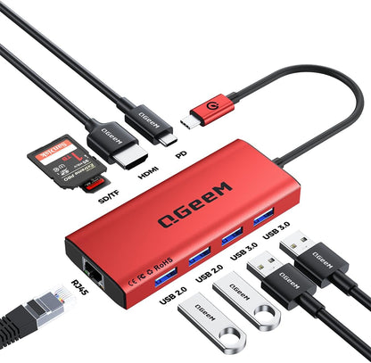 QGeeM USB C Hub Ethernet,9 in 1 USB Type C Hub HDMI Multi-Port Converter Adapter,100W Pd, USB 3.0,SD/TF Card Reader,Compatible for MacBook Pro Air Ipad HP Dell Lenovo Chromebook etc.-Red