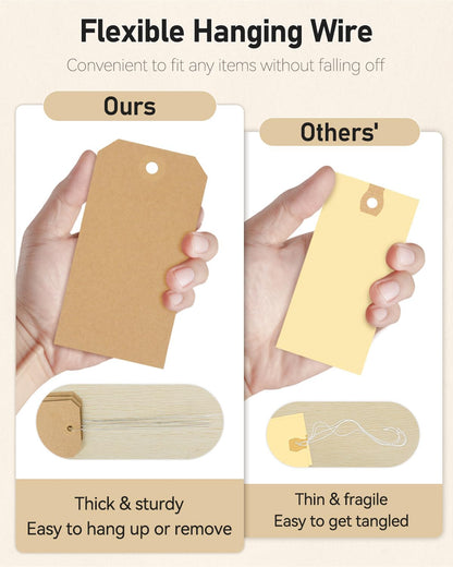 Uniclife 100 Pcs Blank Shipping Tags with Wire Attached 4.7 Inch Writable Brown Kraft Paper Tags Hang Tags with Reinforced Eyelet Large Marking Tags Price Tags Inventory Label Tags, 4.7" L x 2.36" W