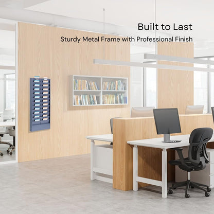 Wall Mount File Organizer, Metal Job Ticket Holder with 11/22 Adjustable Pockets, Durable & Versatile Hanging Wall Organizer for Office & Home - Grayblue