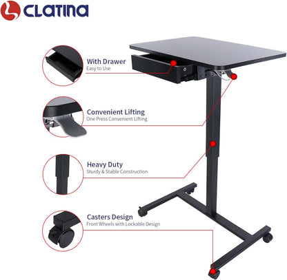 CLATINA Mobile Laptop Standing Desk, Height Adjustable Teacher Podium with Lockable Wheels, Adjustable Work Table with Drawer, Computer Cart Overbed Table for Home Office Classroom, Black