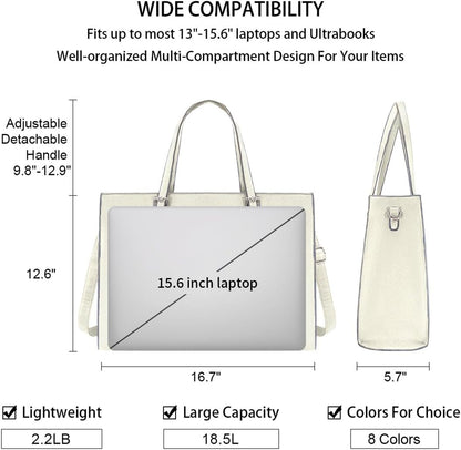 Laptop Bag for Women Waterproof Lightweight Leather 15.6 Inch Computer Tote Bag Business Office Briefcase Large Capacity Handbag Shoulder Bag Professional Office Work Bag Beige