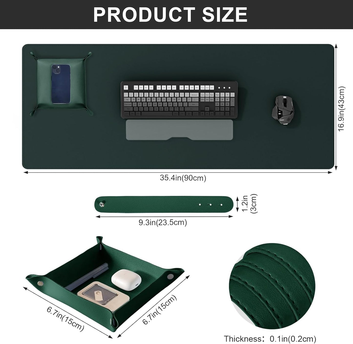 DAWNTREES Dark Green Desk Mat,Leather Desk Pad,35.5"x17",Cork Desk Mat Protector,with PU Leather Valet Tray Organizer,Large Mouse Pad,Desk Writing Pad for Office and Home