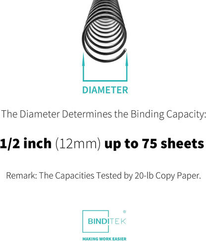Binditek 30 Pack Metal Spiral Binding Coils, 12mm (1/2"), 75 Sheet Capacity, 4:1 Pitch, Black, 48 Loops for Letter Size, for Students and Coworkers