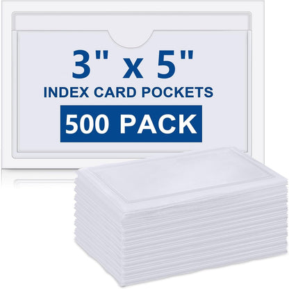 Outus 500 Pack Self Adhesive Index Card Holder Clear Plastic Label Pockets with Top Open for Loading Sticky Business Card Sleeves for Storage Bins Library Organizing Photo Protecting(5.3 x 3.7 Inch)