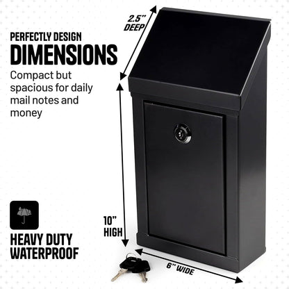 Metal Donation Box-Suggestion Box with Slot and lock-Cash Lock box for Money-Waterproof Drop Box-Comment and ballot voting box-comes with pre-drilled holes for easy wall mounting 10x6x2.5"(Black)