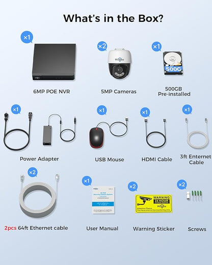 Hiseeu 6MP PoE Secuirty Camera System,with 2PCS 5MP PoE Wired Security Cameras Outdoor&Indoor,2-Way Audio,Color Night Vision,Remote Access,500GB HDD for Home Surveillance