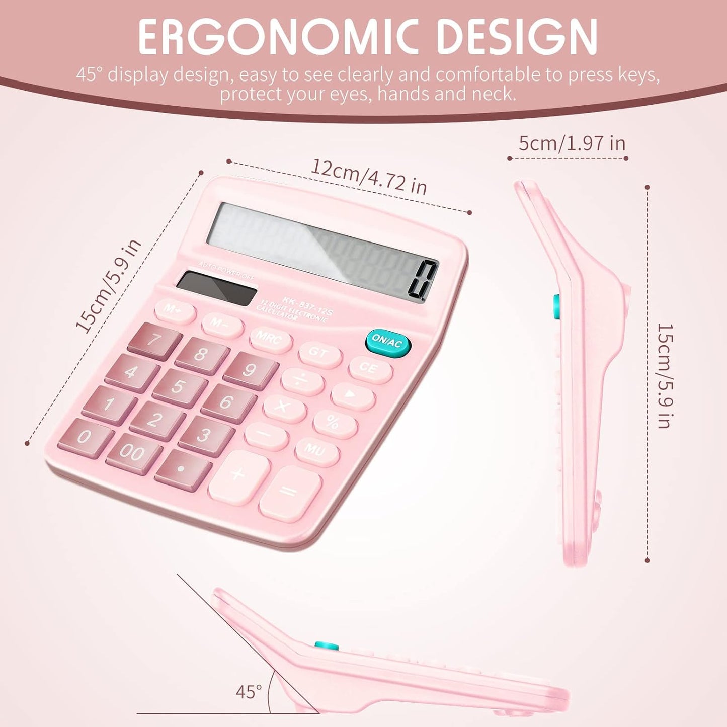 Konohan 8 Pieces 12-Digit Calculator, Solar Basic Desktop Calculator Large Display Electronic Dual Power Handheld for Home Office School(Pink)